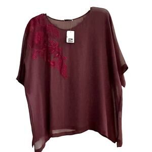 DRIES VAN NOTEN Maroon Sheer Floral Embroidered Silk Blouse Top Shirt NWT 42